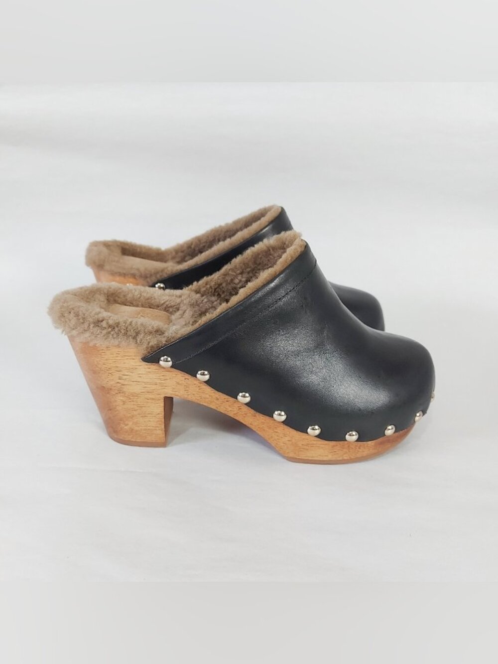 Beek Studs Chunky Cozy High Heel Woodpecker Shearling Clogs Size 7 Black Leather - Picture 3 of 11
